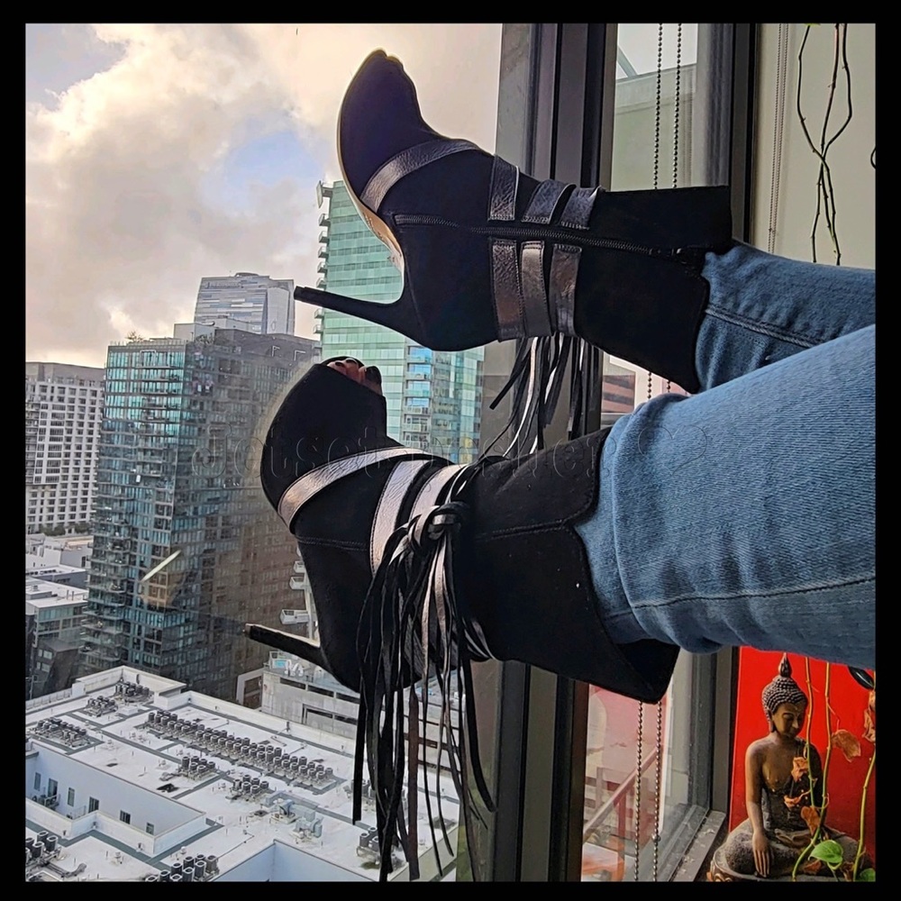 Made in Italy Open Toe 100% All Leather Ankle Booties with Tassels Detailing